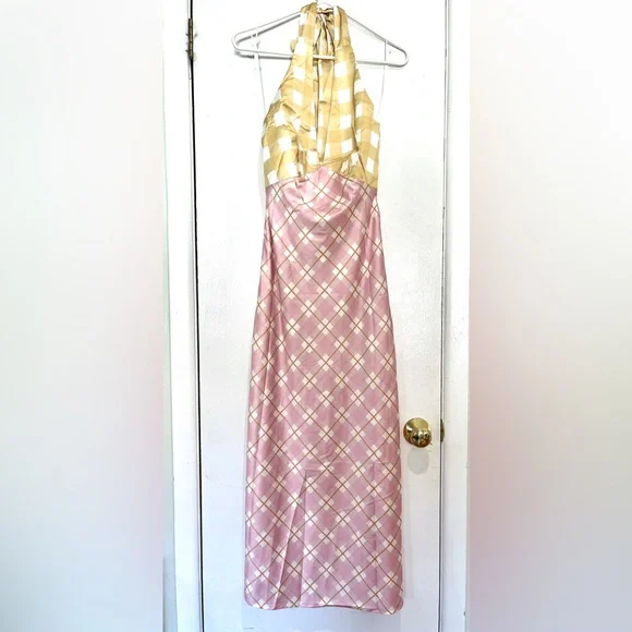 Picnic Plaid Satin Midi Dress Halter Y2K Slip AU 6 US XS - Picture 8 of 16